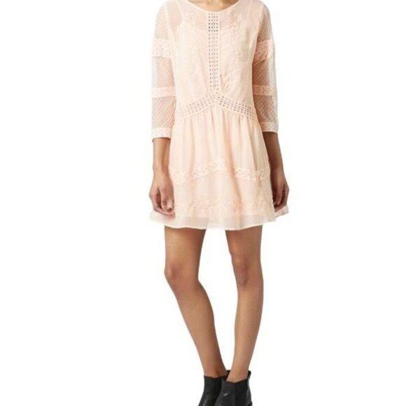 Topshop Sheer Lace Embroidered Babydoll Dress With 3/4 Sleeves Size 4 Ligth Pink - Picture 3 of 8